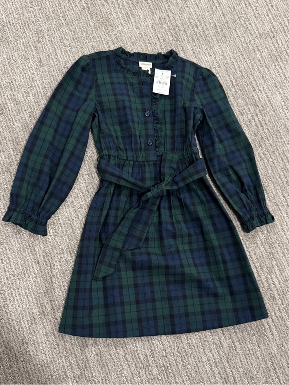 Crewcuts Green and Navy Plaid Belted Long-Sleeve Dress